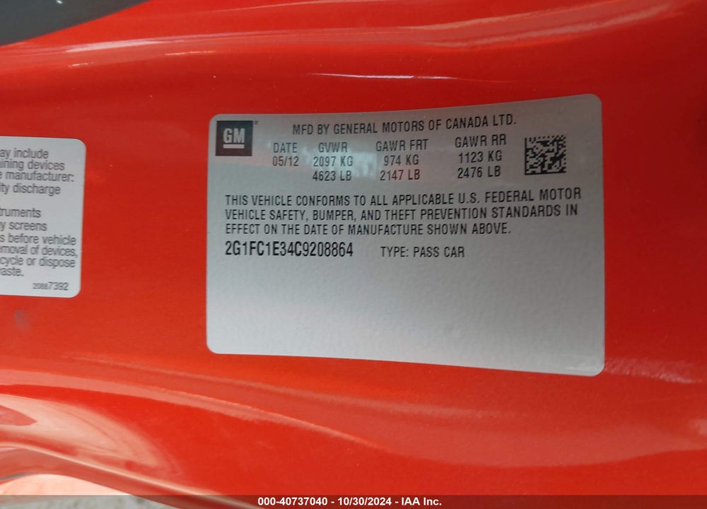 2012 CHEVROLET CAMARO 2LT VIN: 2G1FC1E34C9208864