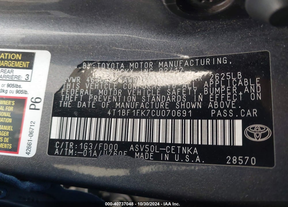 2012 TOYOTA CAMRY LE VIN: 4T1BF1FK7CU070691