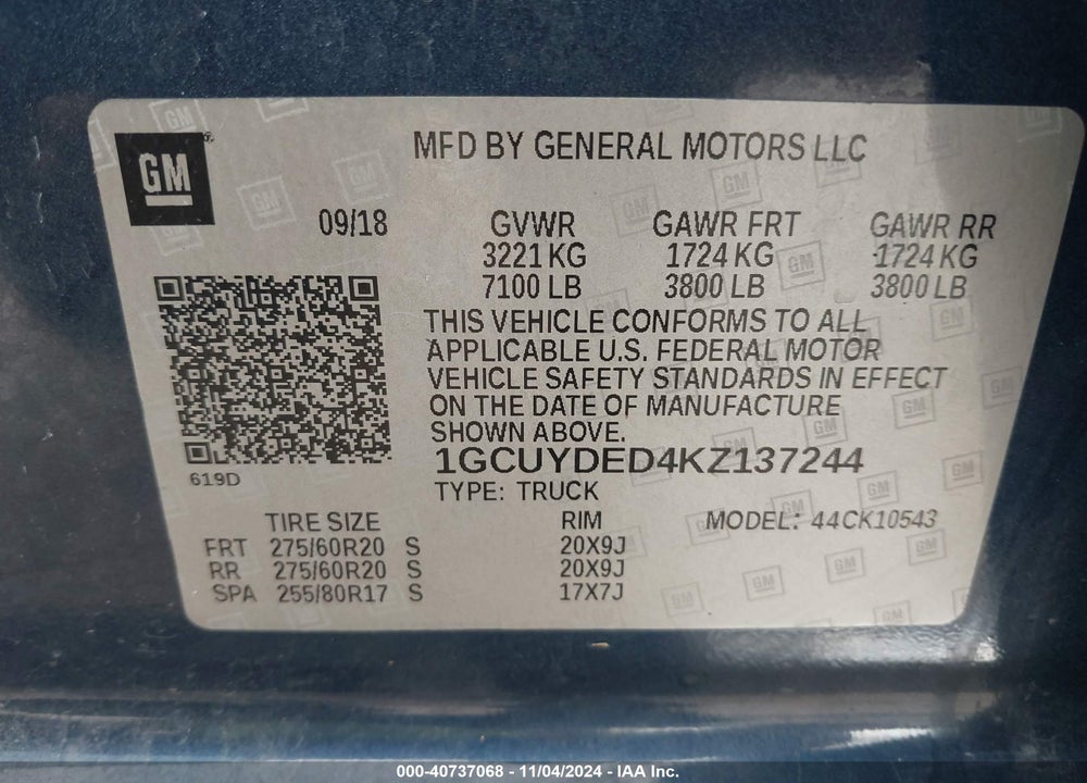 2019 CHEVROLET SILVERADO 1500 LT VIN: 1GCUYDED4KZ137244