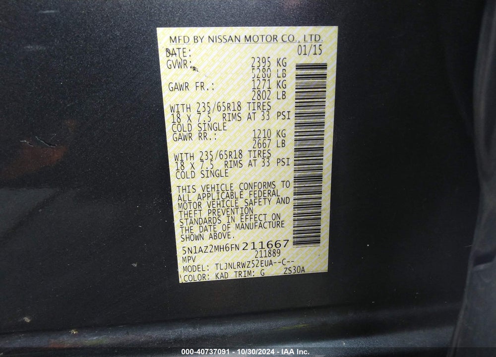 2015 NISSAN MURANO SL VIN: 5N1AZ2MH6FN211667