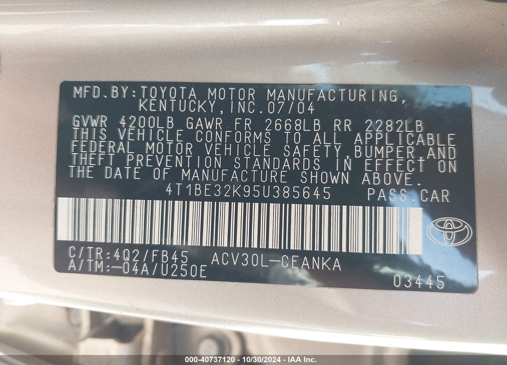2005 TOYOTA CAMRY LE VIN: 4T1BE32K95U385645
