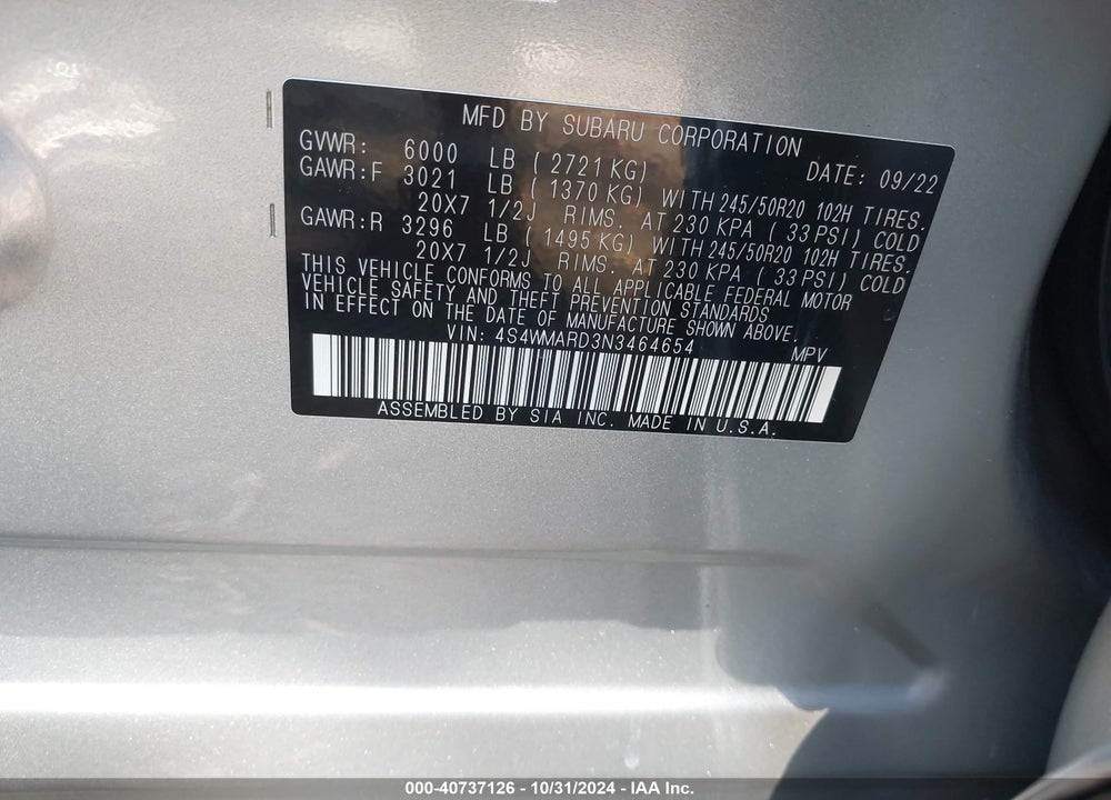 2022 SUBARU ASCENT TOURING VIN: 4S4WMARD3N3464654