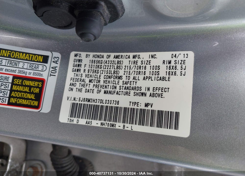 2013 HONDA CR-V LX VIN: 5J6RM3H37DL030736