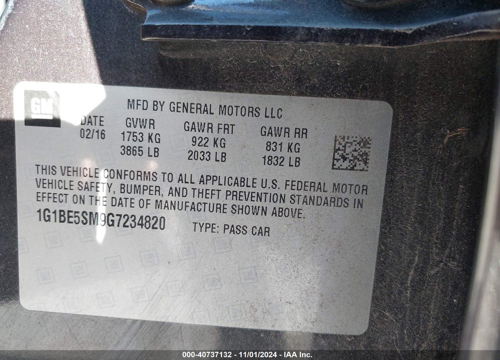 2016 CHEVROLET CRUZE VIN: 1G1BE5SM9G7234820