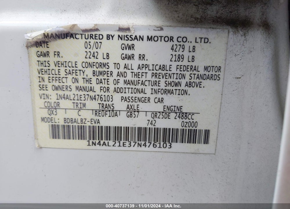 2007 NISSAN ALTIMA 2.5 S VIN: 1N4AL21E37N476103