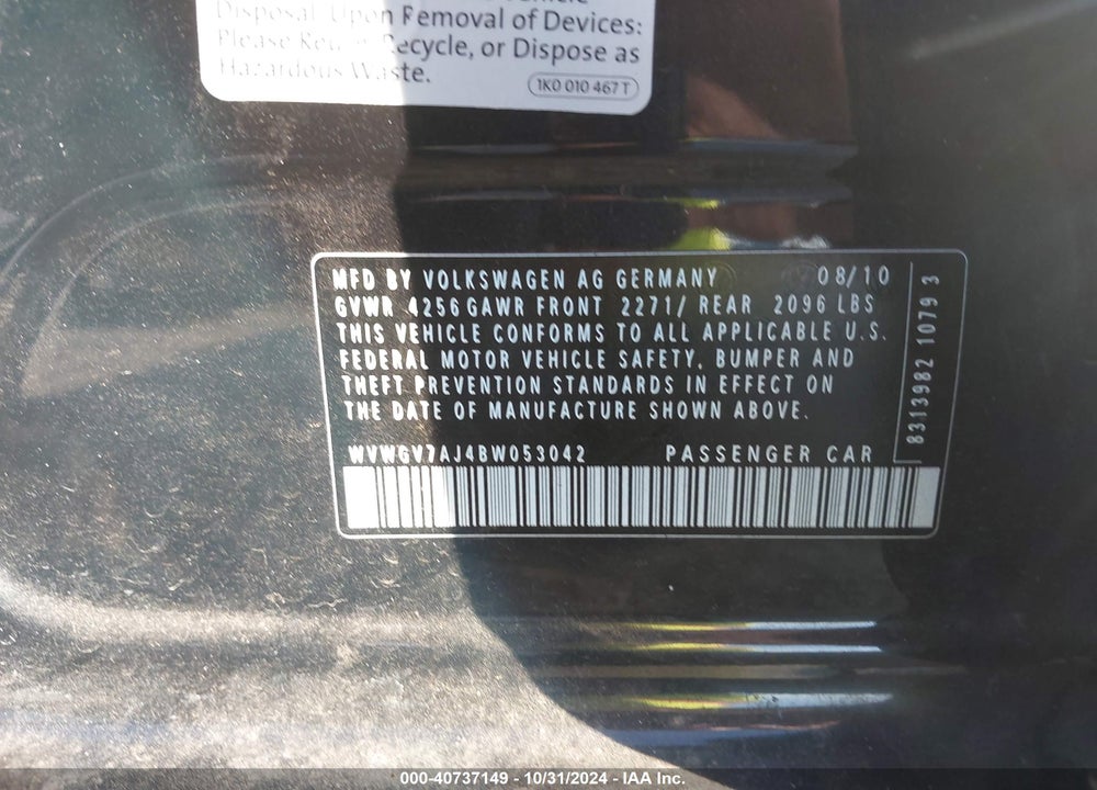 2011 VOLKSWAGEN GTI 4-DOOR VIN: WVWGV7AJ4BW053042