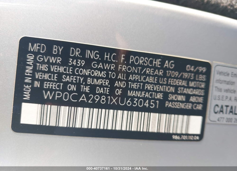 1999 PORSCHE BOXSTER VIN: WP0CA2981XU630451