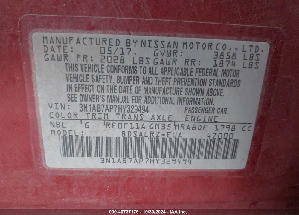 2017 NISSAN SENTRA SR VIN: 3N1AB7AP7HY329494