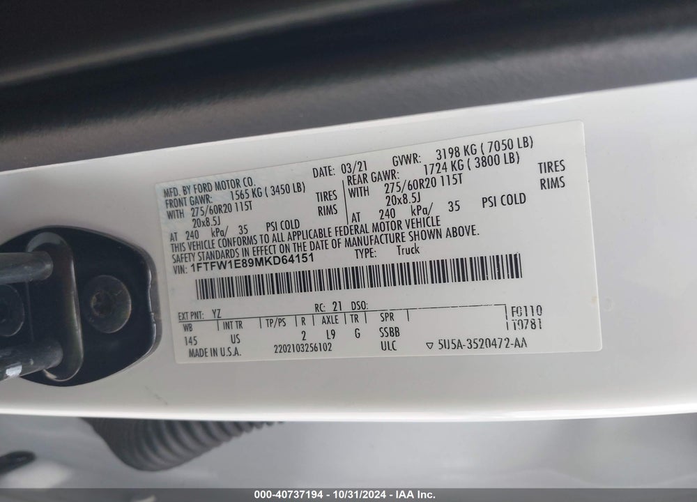 2021 FORD F-150 XLT VIN: 1FTFW1E89MKD64151