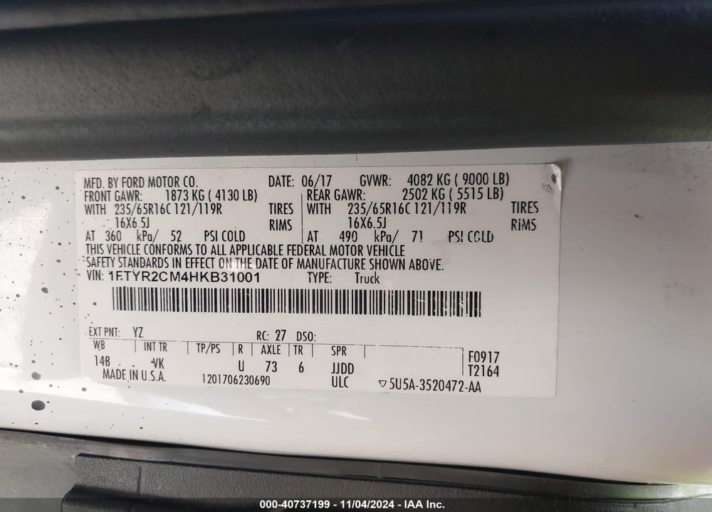 2017 FORD TRANSIT VIN: 1FTYR2CM4HKB31001