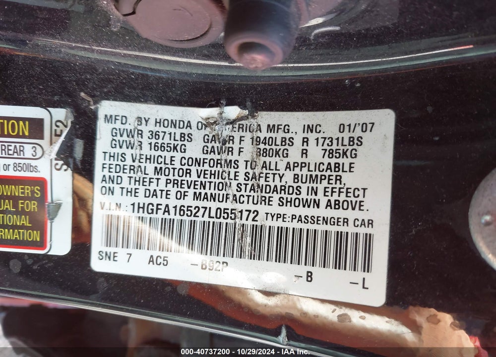 2007 HONDA CIVIC LX VIN: 1HGFA16527L055172