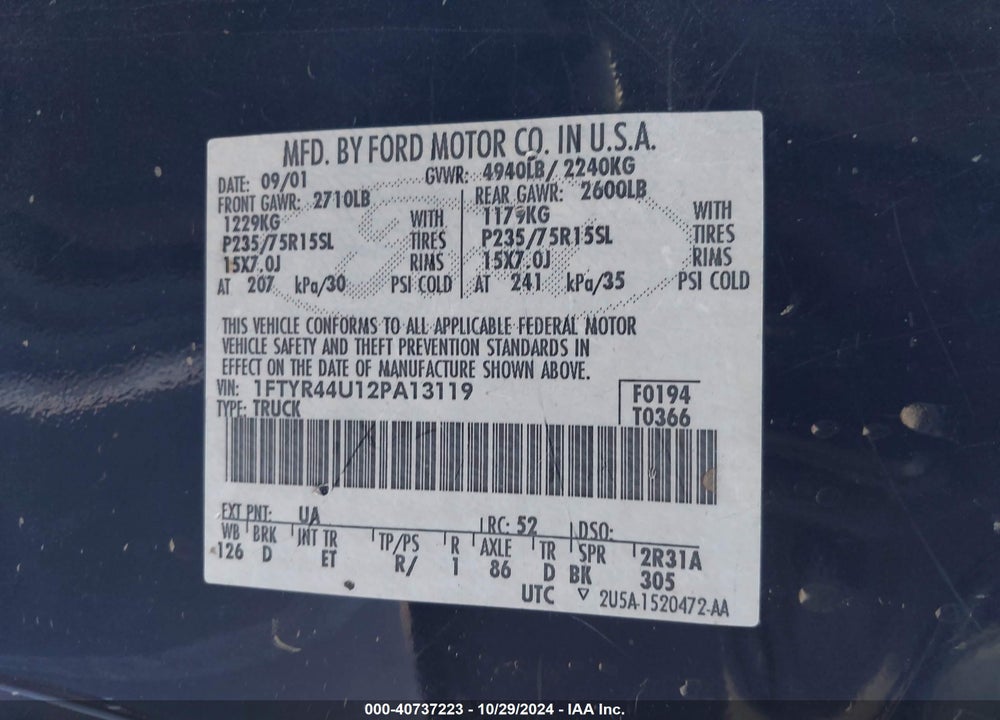 2002 FORD RANGER EDGE PLUS/TREMOR/XLT APPEARANCE VIN: 1FTYR44U12PA13119