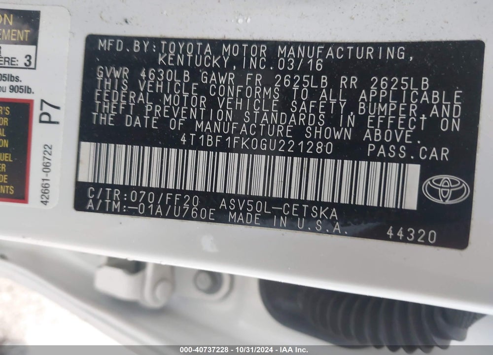 2016 TOYOTA CAMRY SE VIN: 4T1BF1FK0GU221280