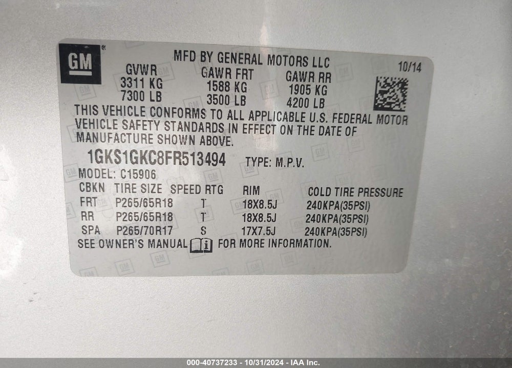 2015 GMC YUKON XL 1500 SLE VIN: 1GKS1GKC8FR513494