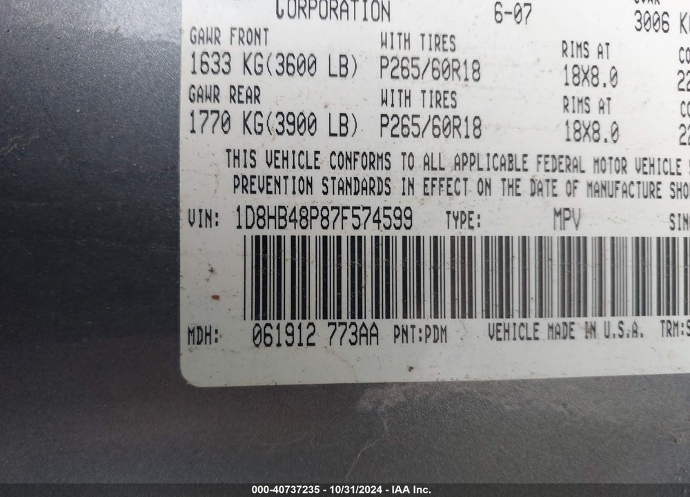 2007 DODGE DURANGO SLT VIN: 1D8HB48P87F574599