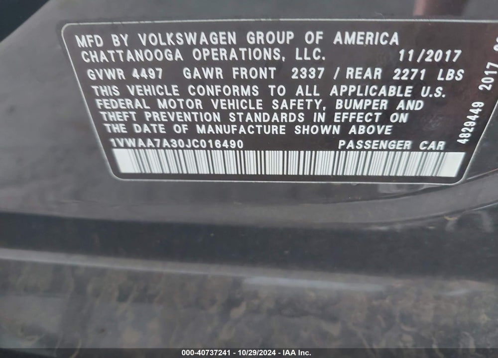 2018 VOLKSWAGEN PASSAT 2.0T R-LINE/2.0T S VIN: 1VWAA7A30JC016490