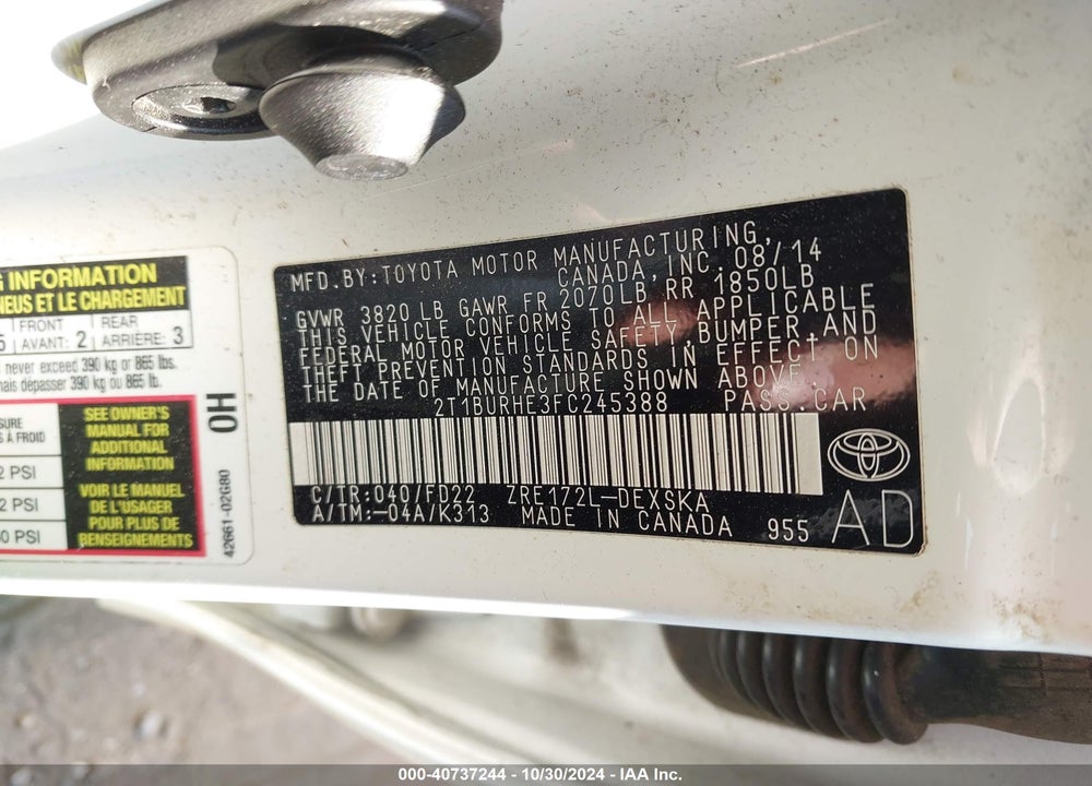 2015 TOYOTA COROLLA S PLUS VIN: 2T1BURHE3FC245388
