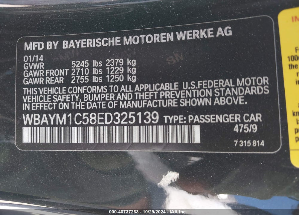 2014 BMW 650I XDRIVE VIN: WBAYM1C58ED325139