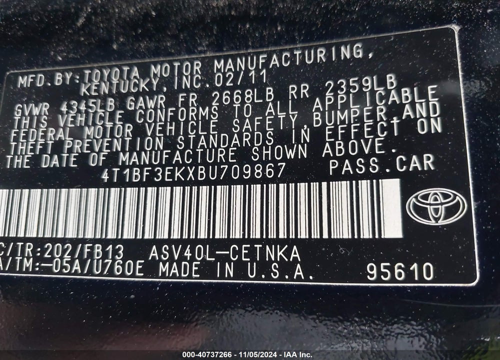 2011 TOYOTA CAMRY LE VIN: 4T1BF3EKXBU709867