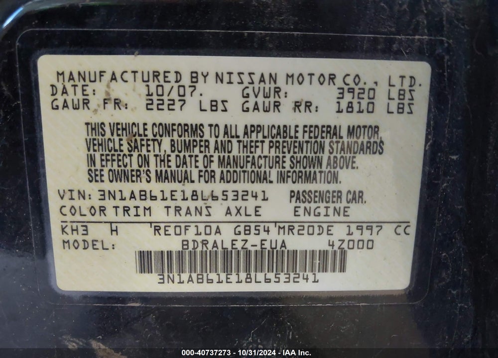 2008 NISSAN SENTRA 2.0S VIN: 3N1AB61E18L653241
