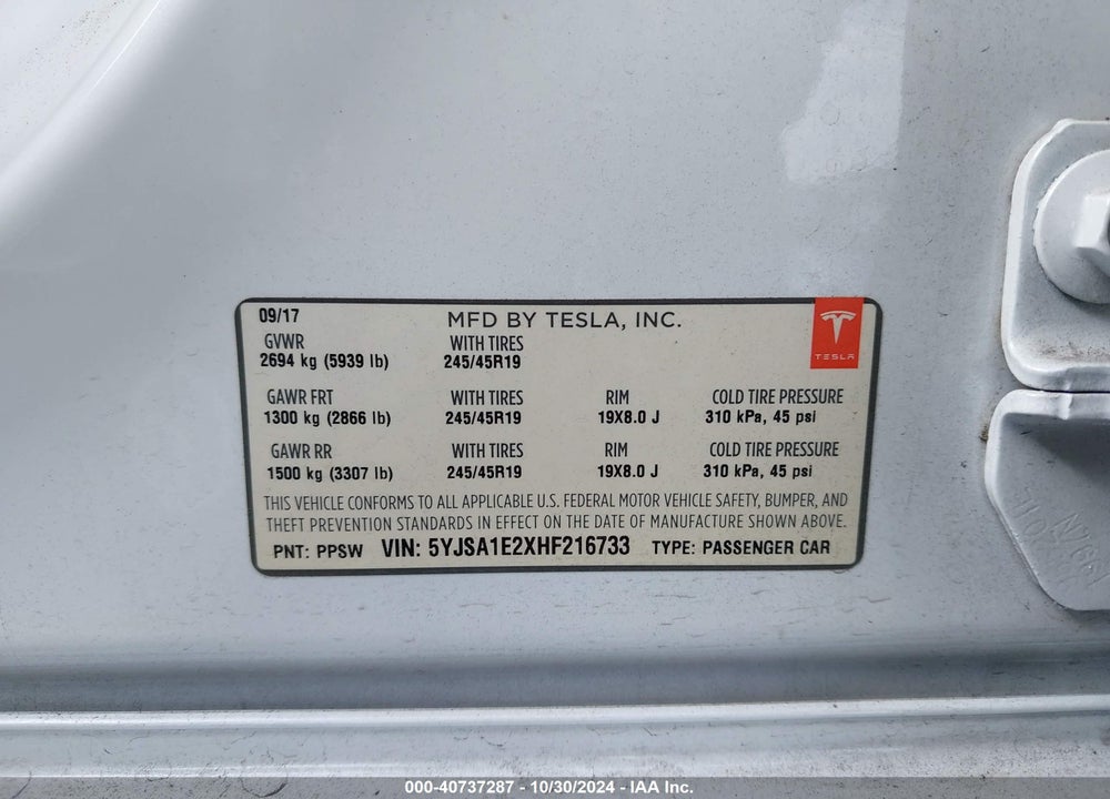 2017 TESLA MODEL S 100D/60D/75D/90D/P100D VIN: 5YJSA1E2XHF216733