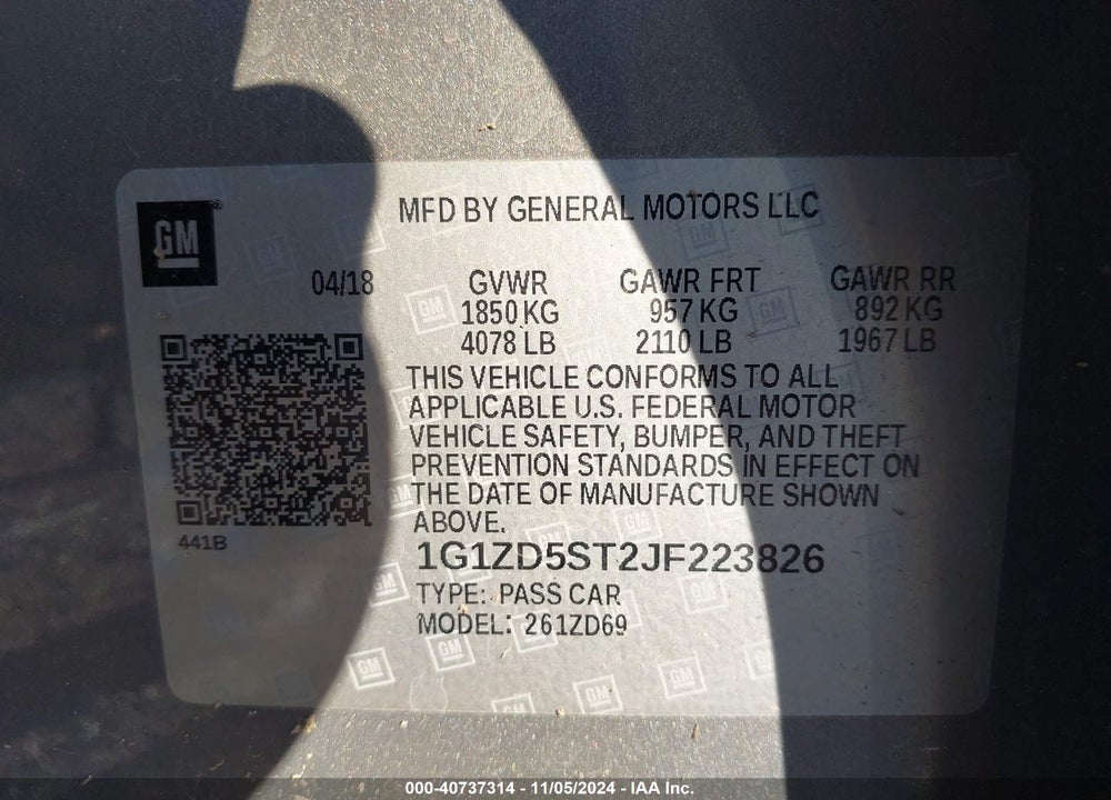 2018 CHEVROLET MALIBU LT VIN: 1G1ZD5ST2JF223826