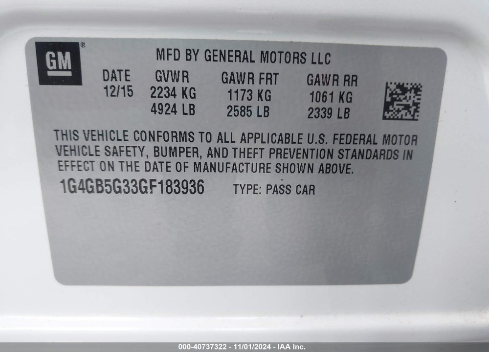 2016 BUICK LACROSSE LEATHER VIN: 1G4GB5G33GF183936