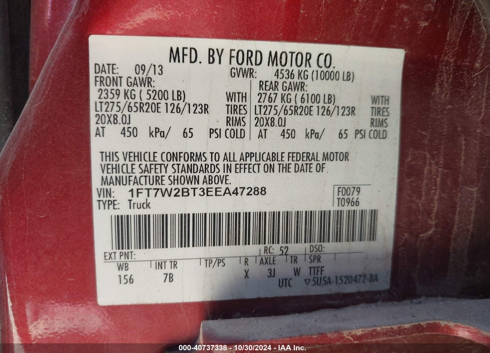 2014 FORD F-250 LARIAT VIN: 1FT7W2BT3EEA47288
