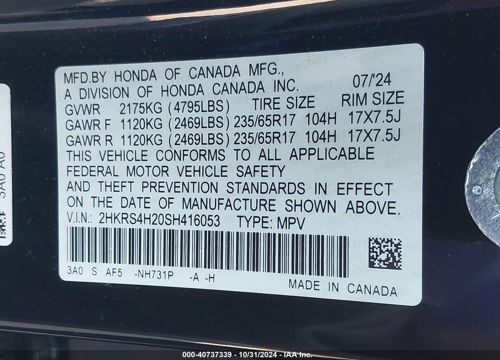 2025 HONDA CR-V LX AWD VIN: 2HKRS4H20SH416053