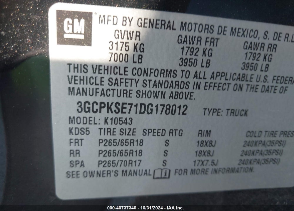 2013 CHEVROLET SILVERADO 1500 LT VIN: 3GCPKSE71DG178012