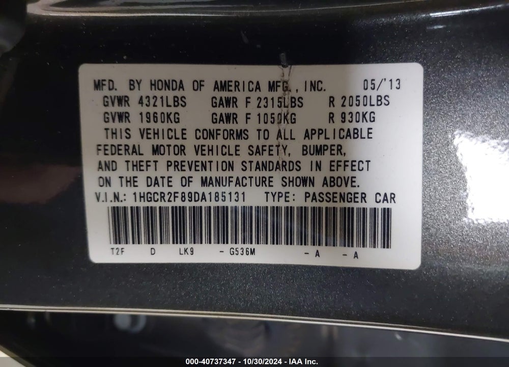 2013 HONDA ACCORD EX-L VIN: 1HGCR2F89DA185131