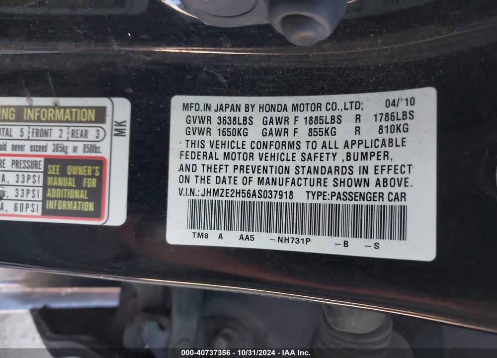 2010 HONDA INSIGHT LX VIN: JHMZE2H56AS037918