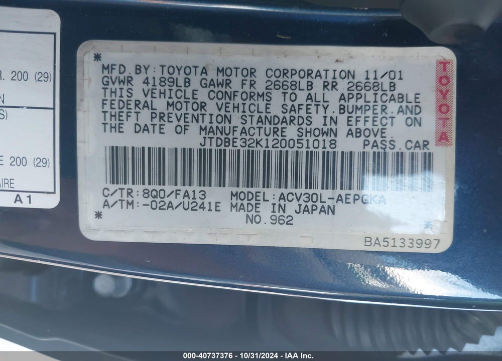 2002 TOYOTA CAMRY XLE VIN: JTDBE32K120051018