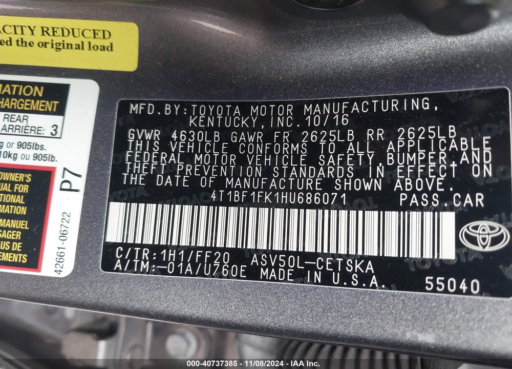 2017 TOYOTA CAMRY SE VIN: 4T1BF1FK1HU686071