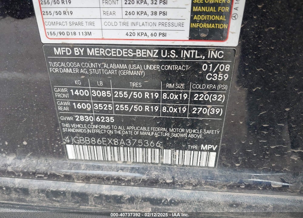 2008 MERCEDES-BENZ ML 350 4MATIC VIN: 4JGBB86EX8A375366