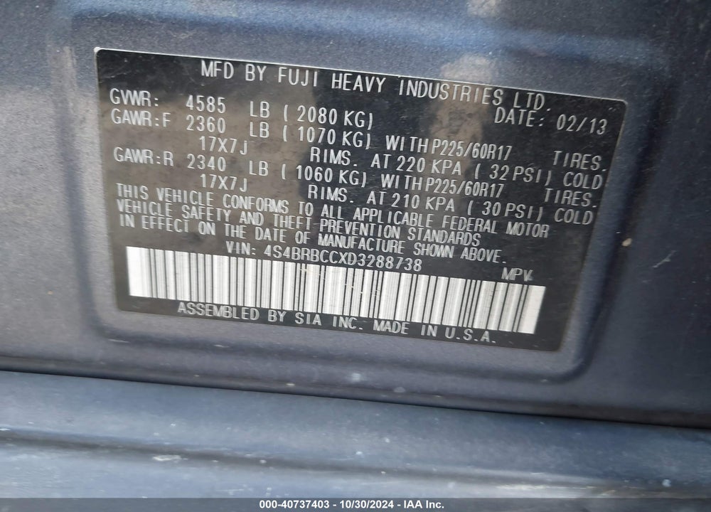 2013 SUBARU OUTBACK 2.5I PREMIUM VIN: 4S4BRBCCXD3288738