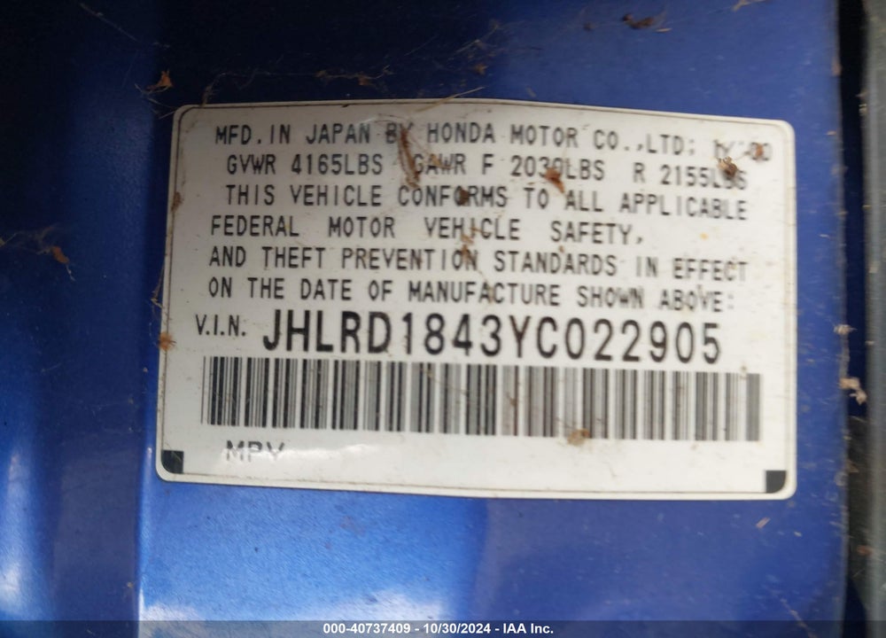 2000 HONDA CR-V LX VIN: JHLRD1843YC022905