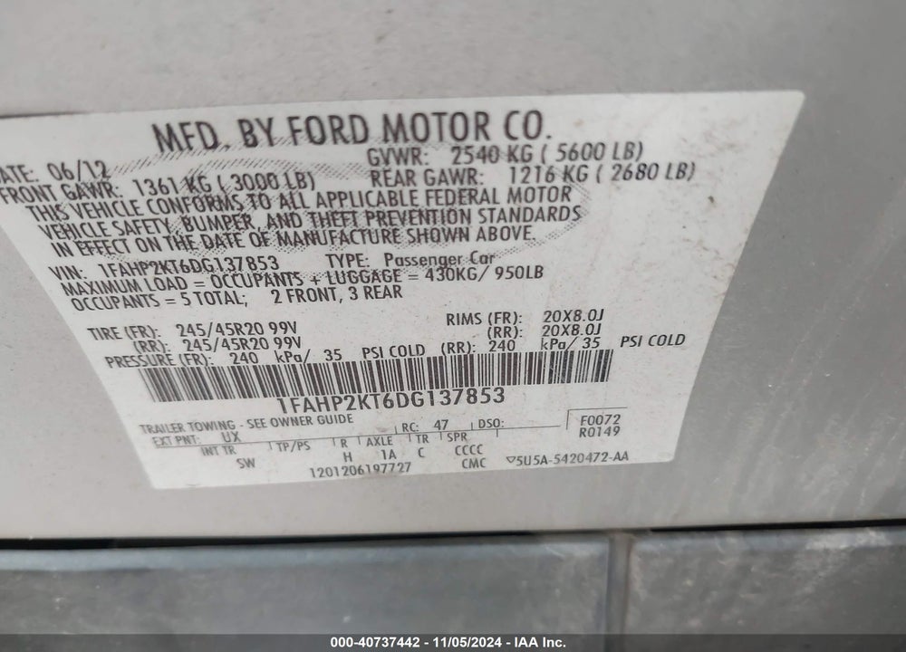 2013 FORD TAURUS SHO VIN: 1FAHP2KT6DG137853