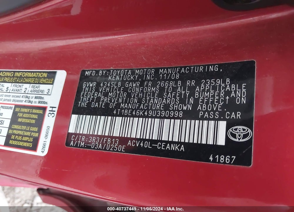 2009 TOYOTA CAMRY LE VIN: 4T1BE46K49U390998