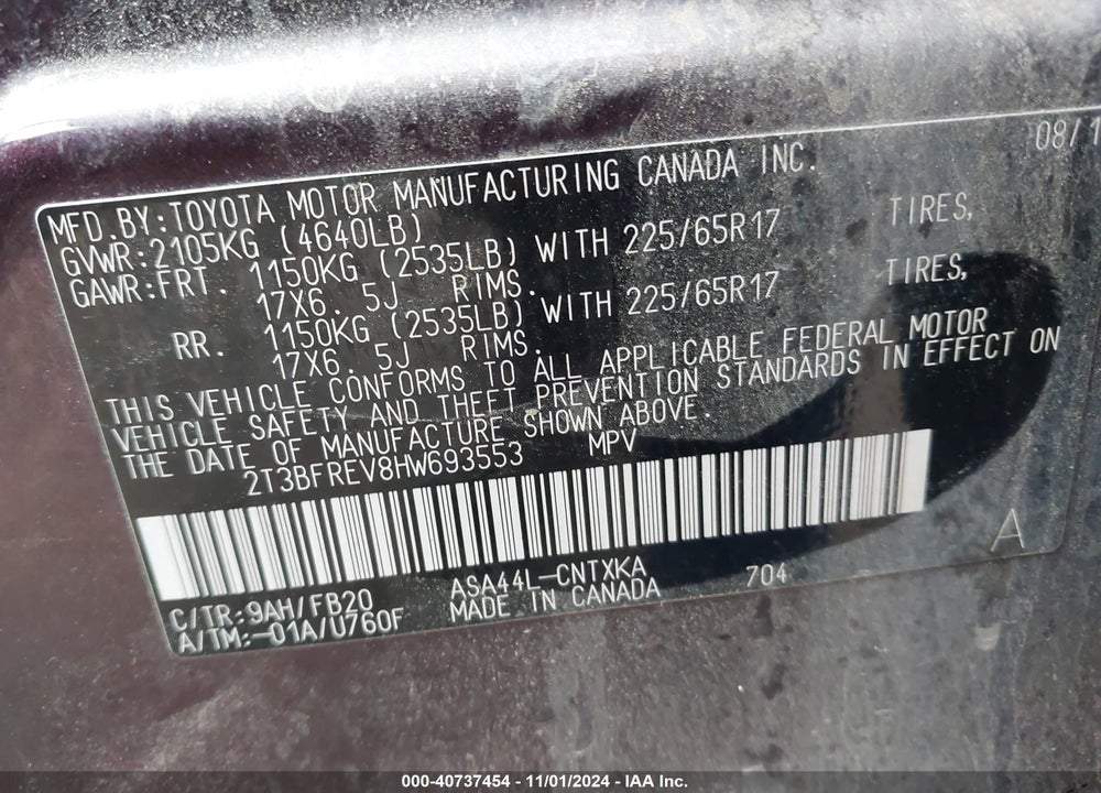 2017 TOYOTA RAV4 LE VIN: 2T3BFREV8HW693553