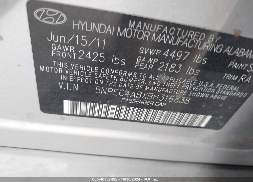2011 HYUNDAI SONATA SE 2.0T VIN: 5NPEC4ABXBH316838