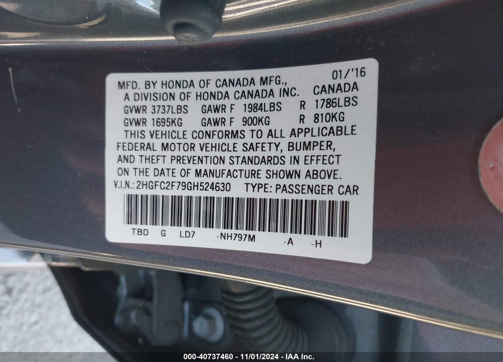 2016 HONDA CIVIC EX VIN: 2HGFC2F79GH524630