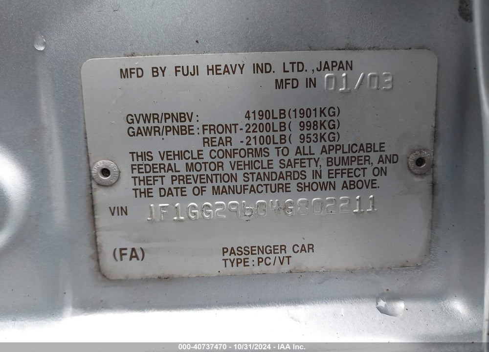 2004 SUBARU IMPREZA WRX VIN: JF1GG29604G802211
