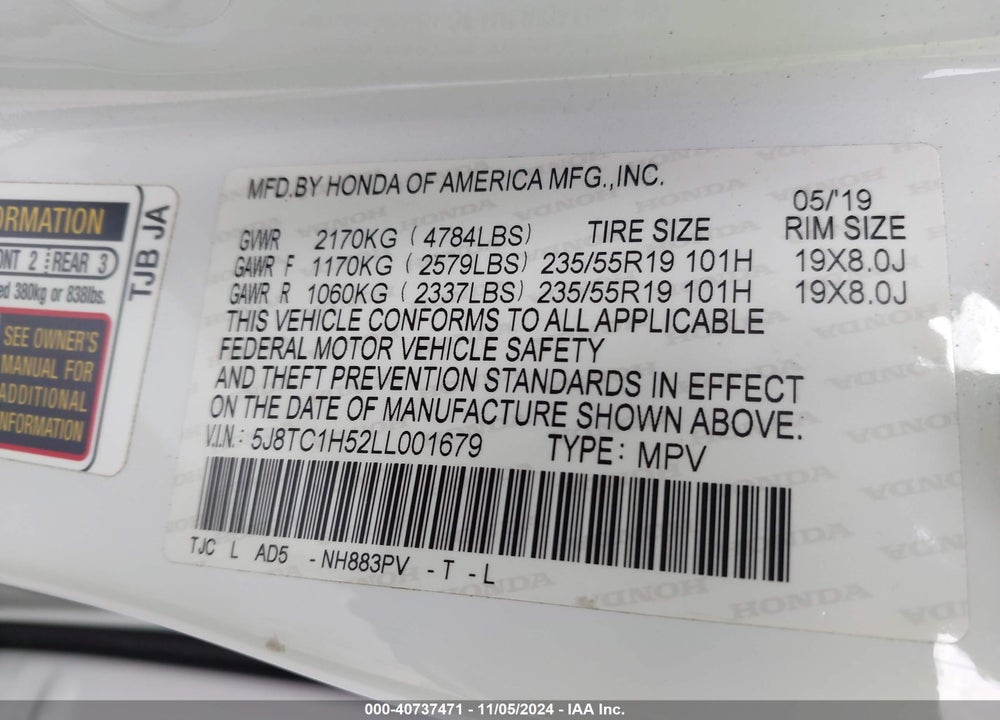 2020 ACURA RDX TECHNOLOGY PACKAGE VIN: 5J8TC1H52LL001679