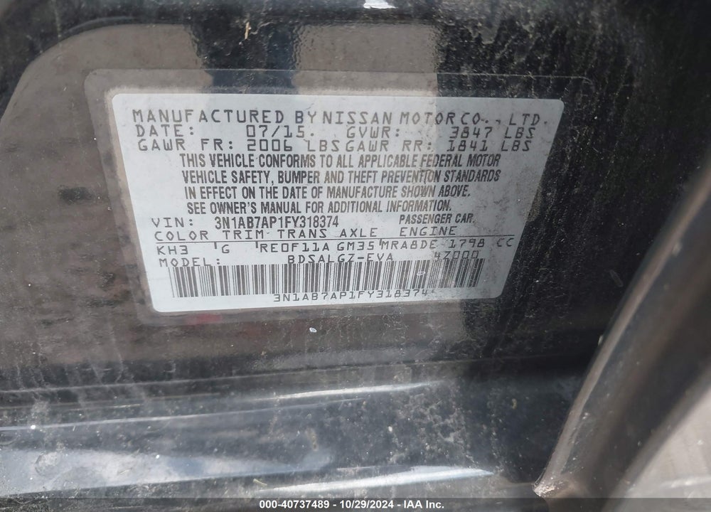 2015 NISSAN SENTRA SL VIN: 3N1AB7AP1FY318374