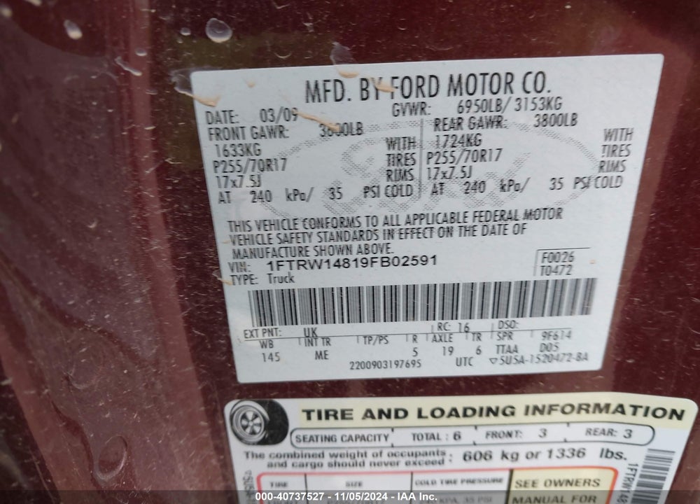 2009 FORD F-150 XL/XLT VIN: 1FTRW14819FB02591