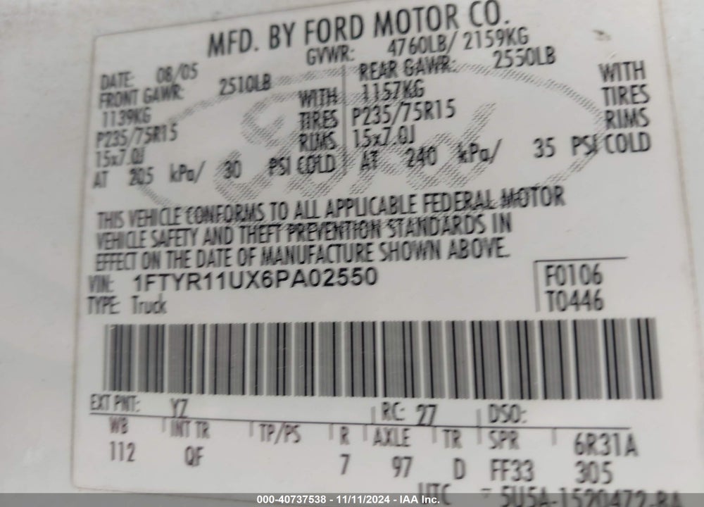 2006 FORD RANGER SPORT/XL/XLT VIN: 1FTYR11UX6PA02550