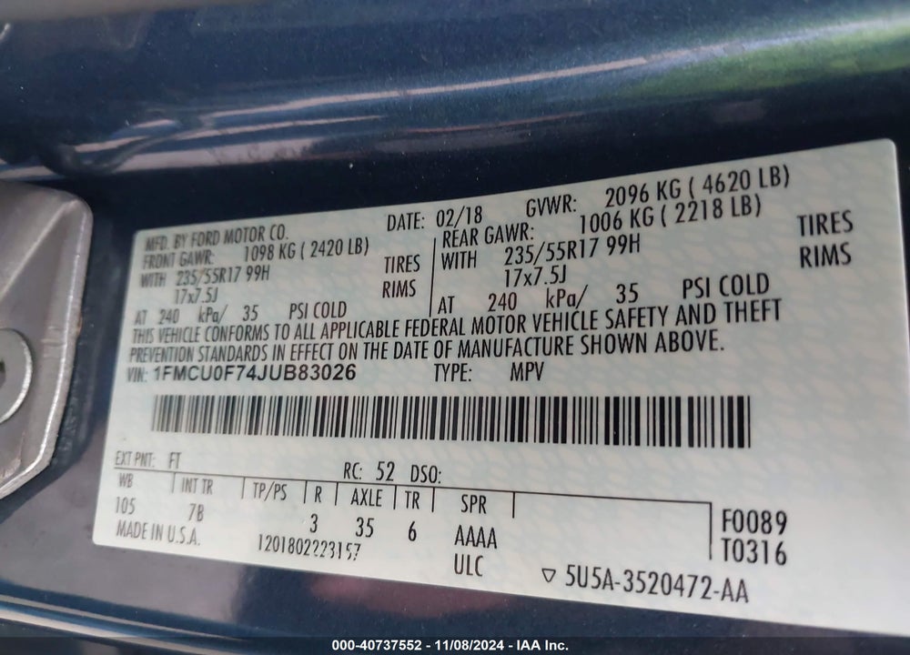 2018 FORD ESCAPE S VIN: 1FMCU0F74JUB83026