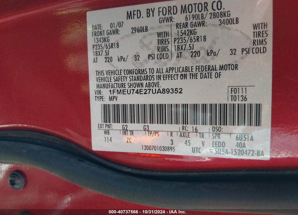 2007 FORD EXPLORER EDDIE BAUER VIN: 1FMEU74E27UA89352