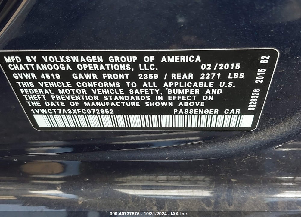 2015 VOLKSWAGEN PASSAT 1.8T SEL PREMIUM VIN: 1VWCT7A3XFC072852
